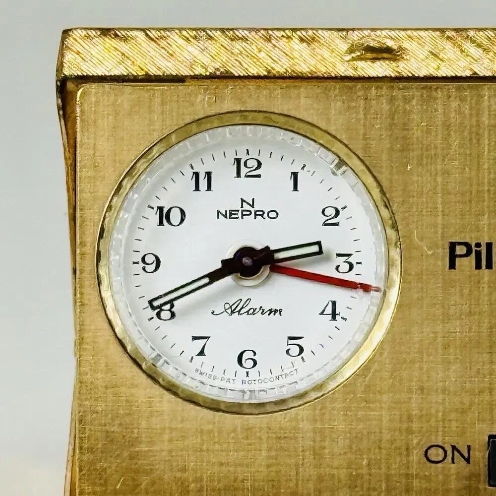 Rare NEPRO PillAlarm Swiss Mini Alarm Clock Gold Travel Original Case Vintage